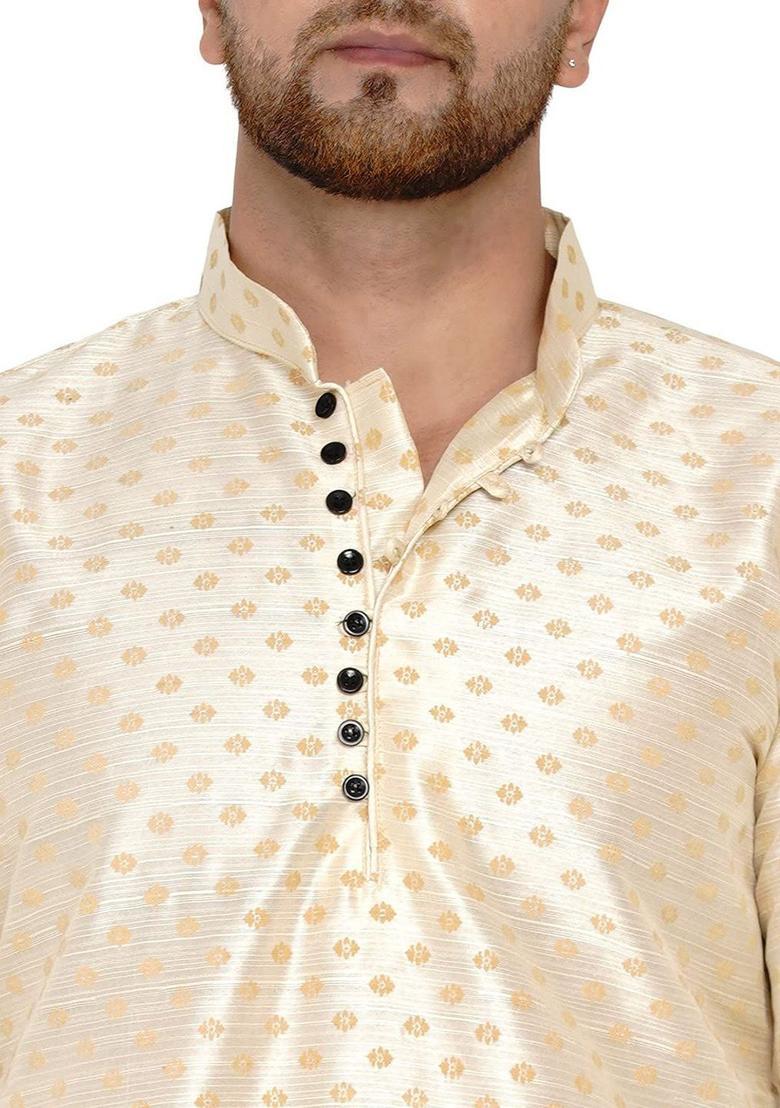 Beige Woven Design Silk Kurta Set For Men - Indya