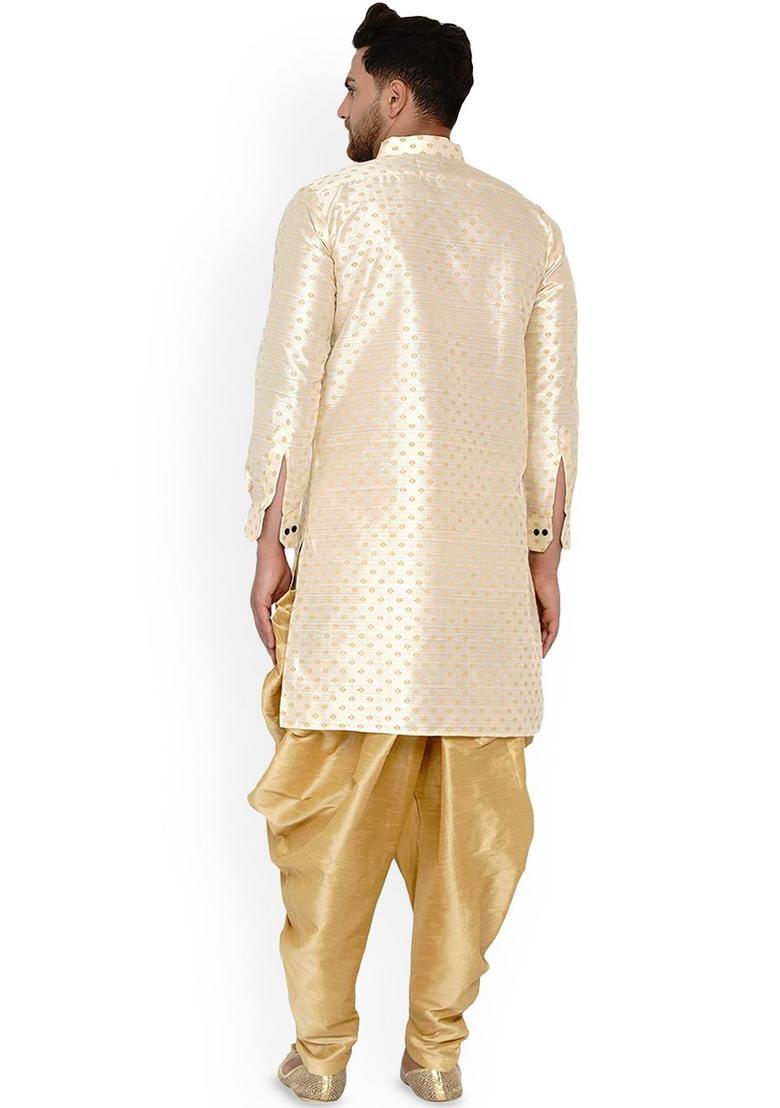 Beige Woven Design Silk Kurta Set For Men - Indya