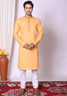 Peach Embroidered Cotton Kurta Set For Men