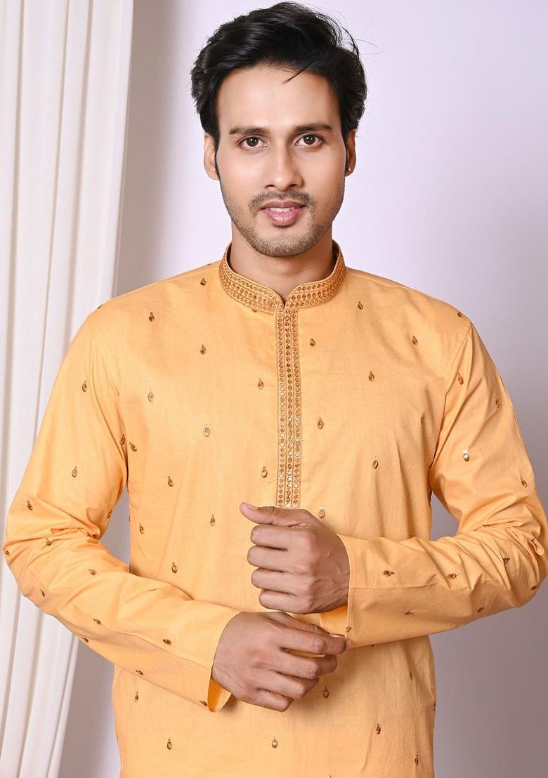 Peach Embroidered Cotton Kurta Set For Men - Indya