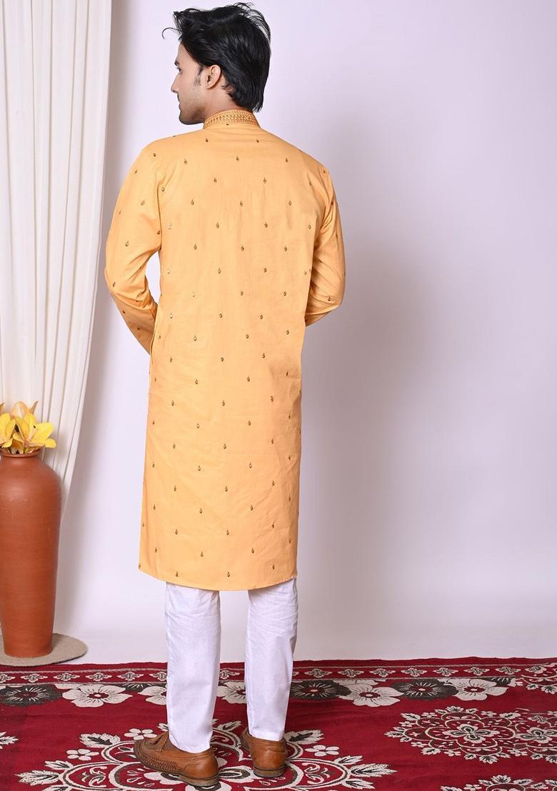 Peach Embroidered Cotton Kurta Set For Men - Indya