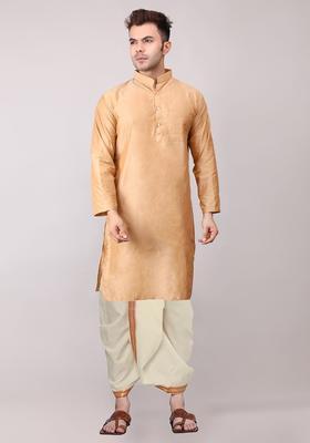Gold Embroidered Cotton Kurta Set For Men