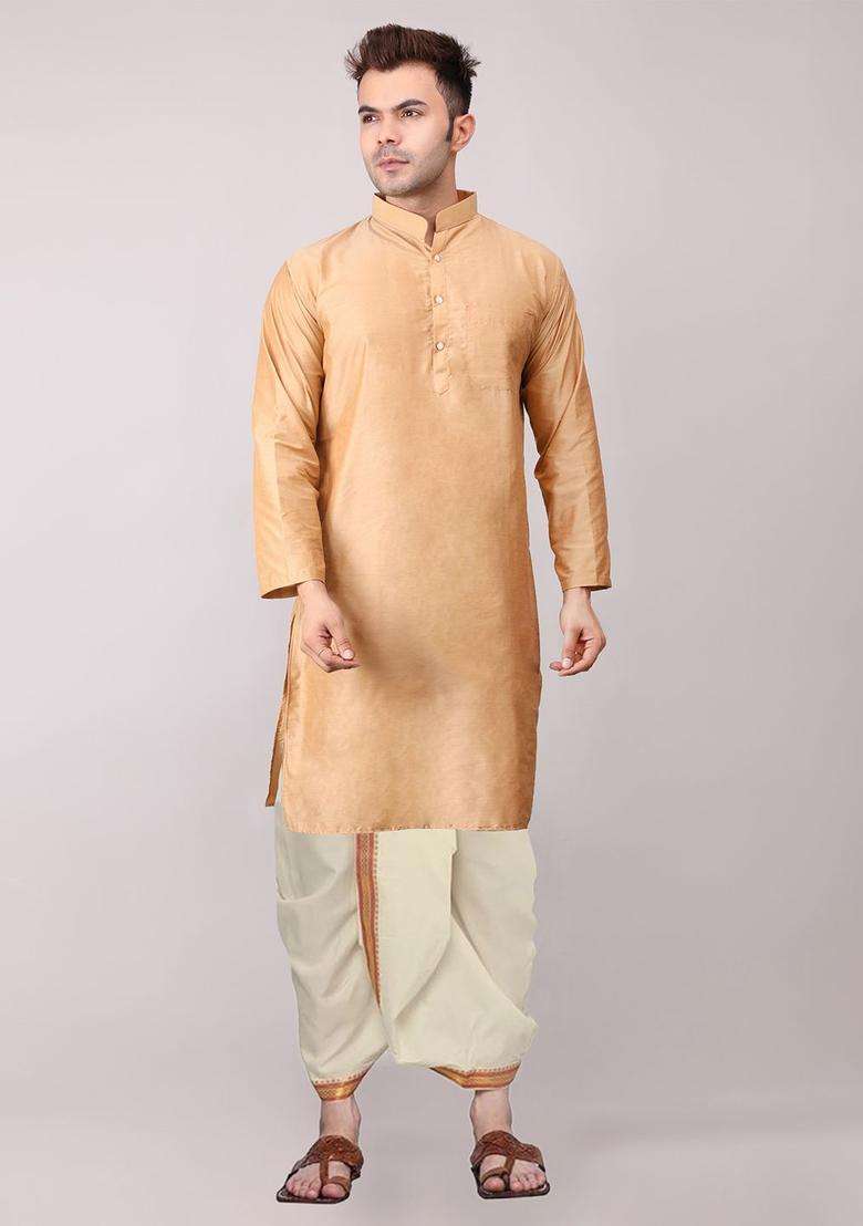 Gold Embroidered Cotton Kurta Set For Men - Indya