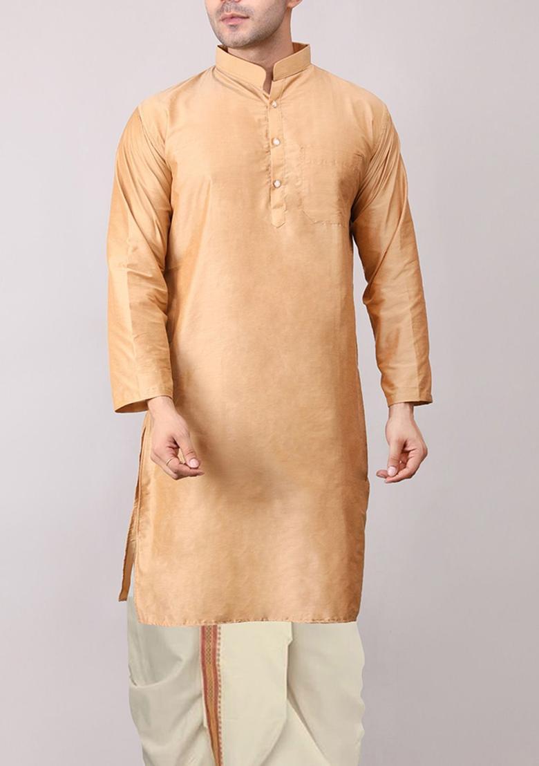 Gold Embroidered Cotton Kurta Set For Men - Indya