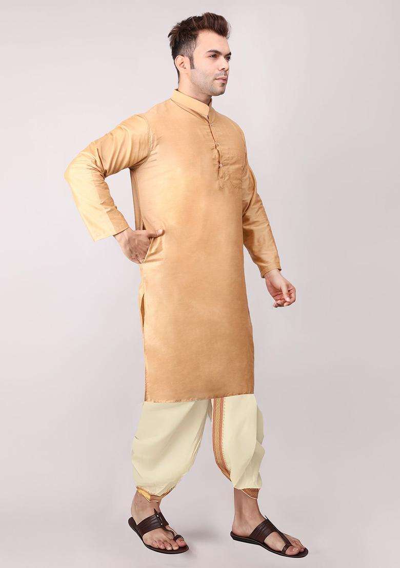Gold Embroidered Cotton Kurta Set For Men - Indya