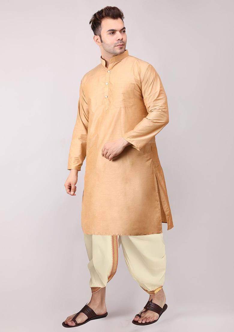 Gold Embroidered Cotton Kurta Set For Men - Indya