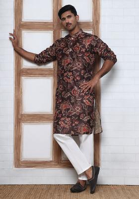 Brown Printed Cotton Kurta Set For Men