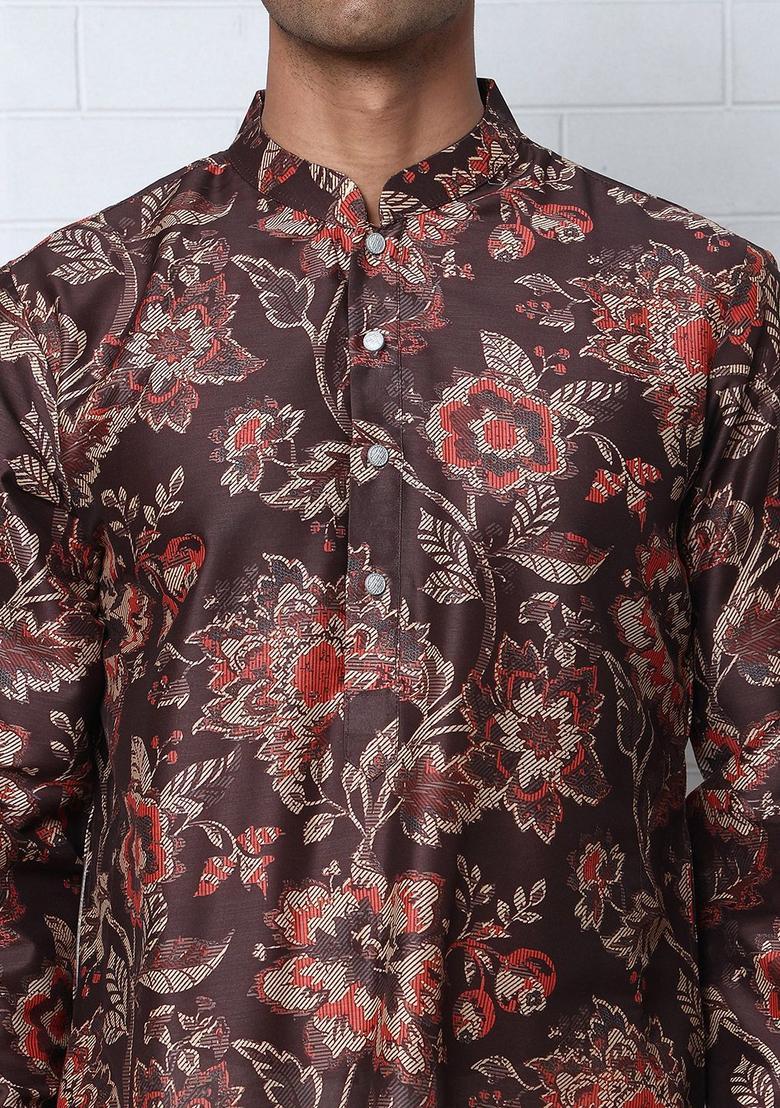 Brown Printed Cotton Kurta Set For Men - Indya