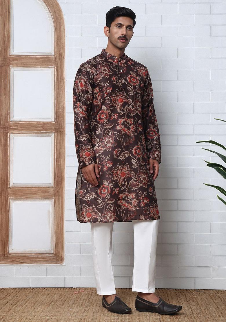 Brown Printed Cotton Kurta Set For Men - Indya