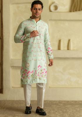 Green Printed Viscose Kurta Set For Men