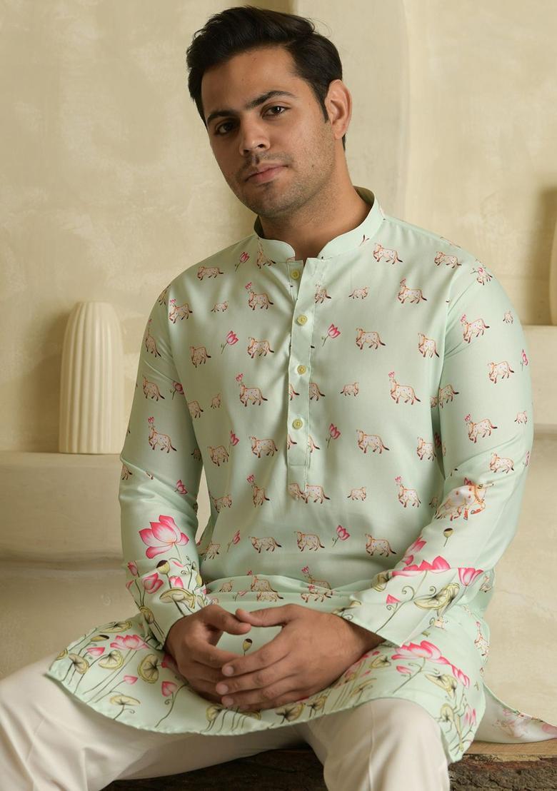 Green Printed Viscose Kurta Set For Men - Indya