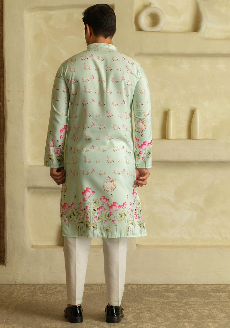 Green Printed Viscose Kurta Set For Men - Indya