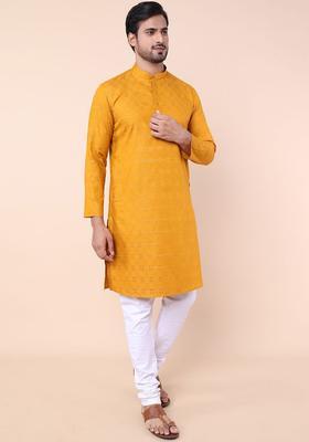 Mustard Printed Cotton Kurta Set For Men