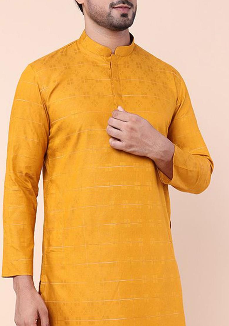 Mustard Printed Cotton Kurta Set For Men - Indya