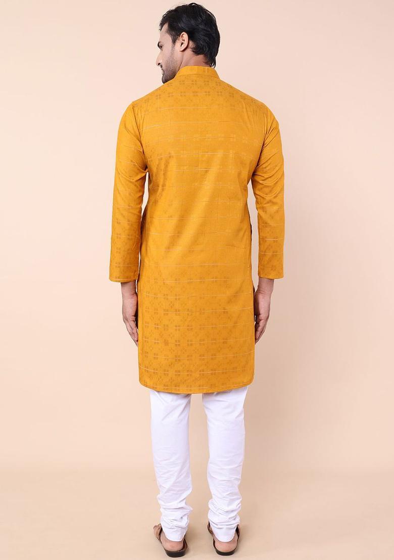 Mustard Printed Cotton Kurta Set For Men - Indya