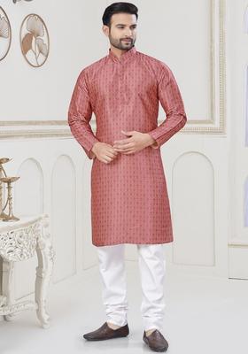 Peach Printed Silk Kurta Set For Men