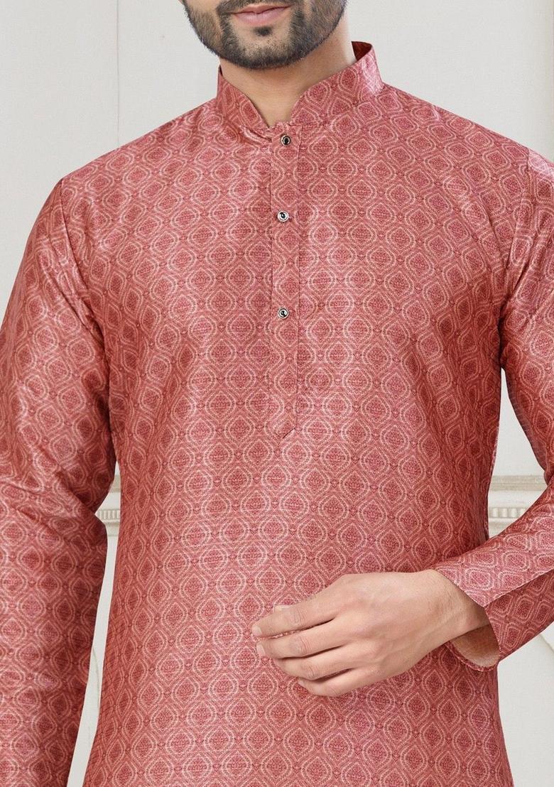 Peach Printed Silk Kurta Set For Men - Indya