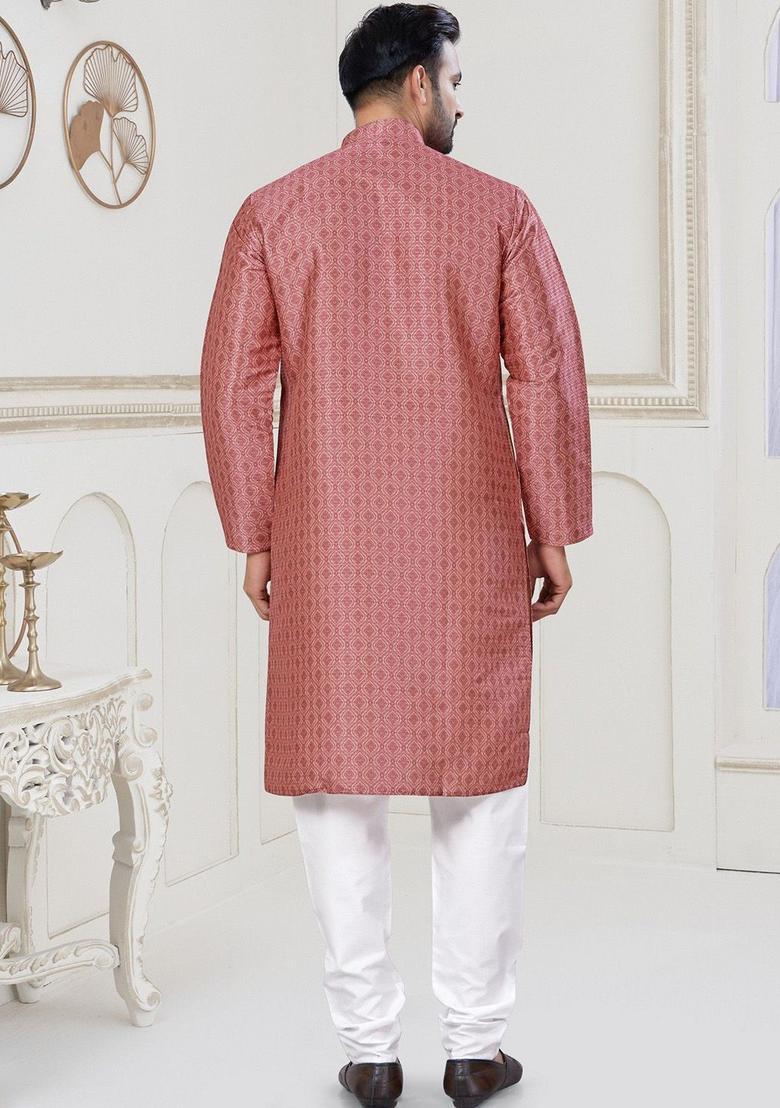 Peach Printed Silk Kurta Set For Men - Indya
