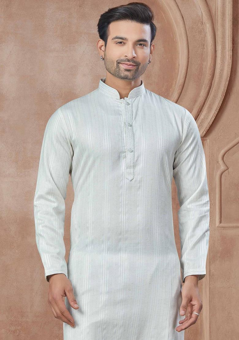Blue Striped Cotton Kurta Set For Men - Indya