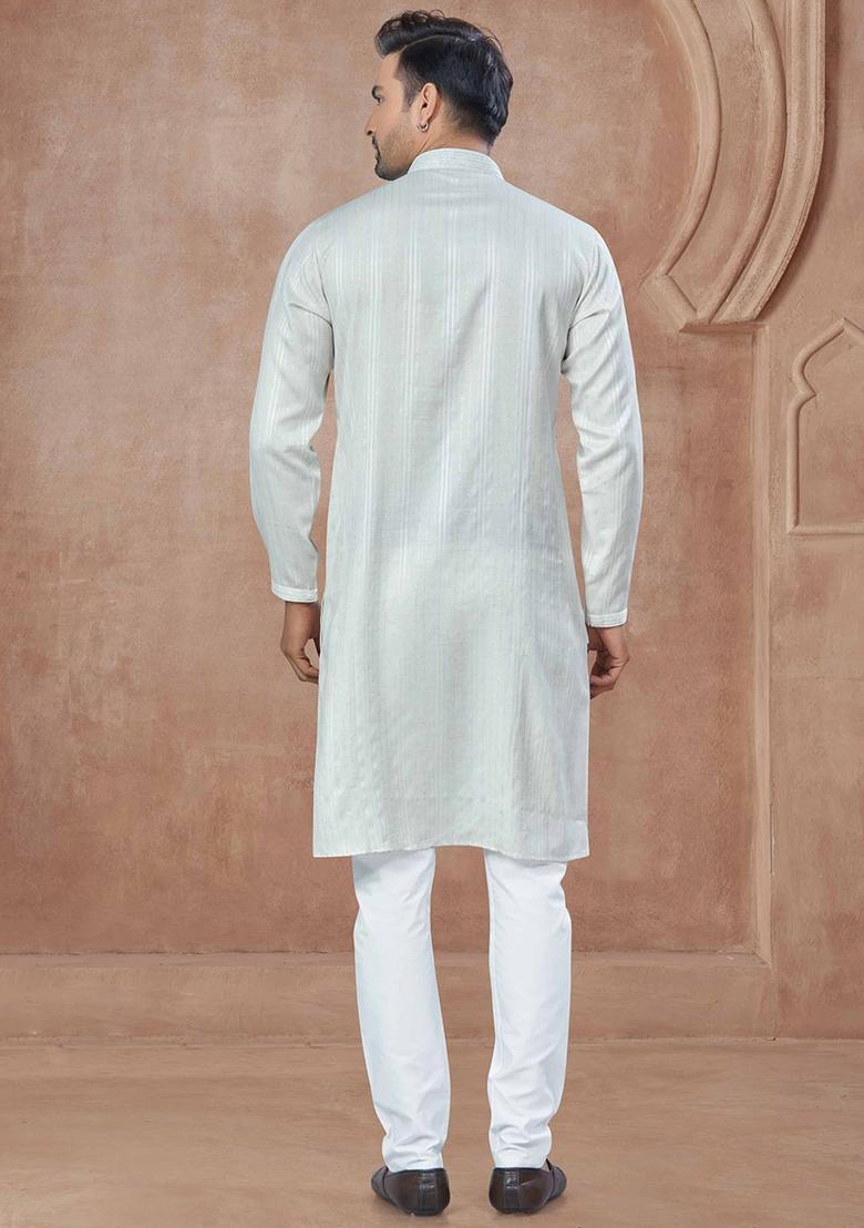 Blue Striped Cotton Kurta Set For Men - Indya