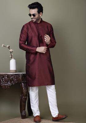 Maroon Self Design Silk Kurta Set For Men