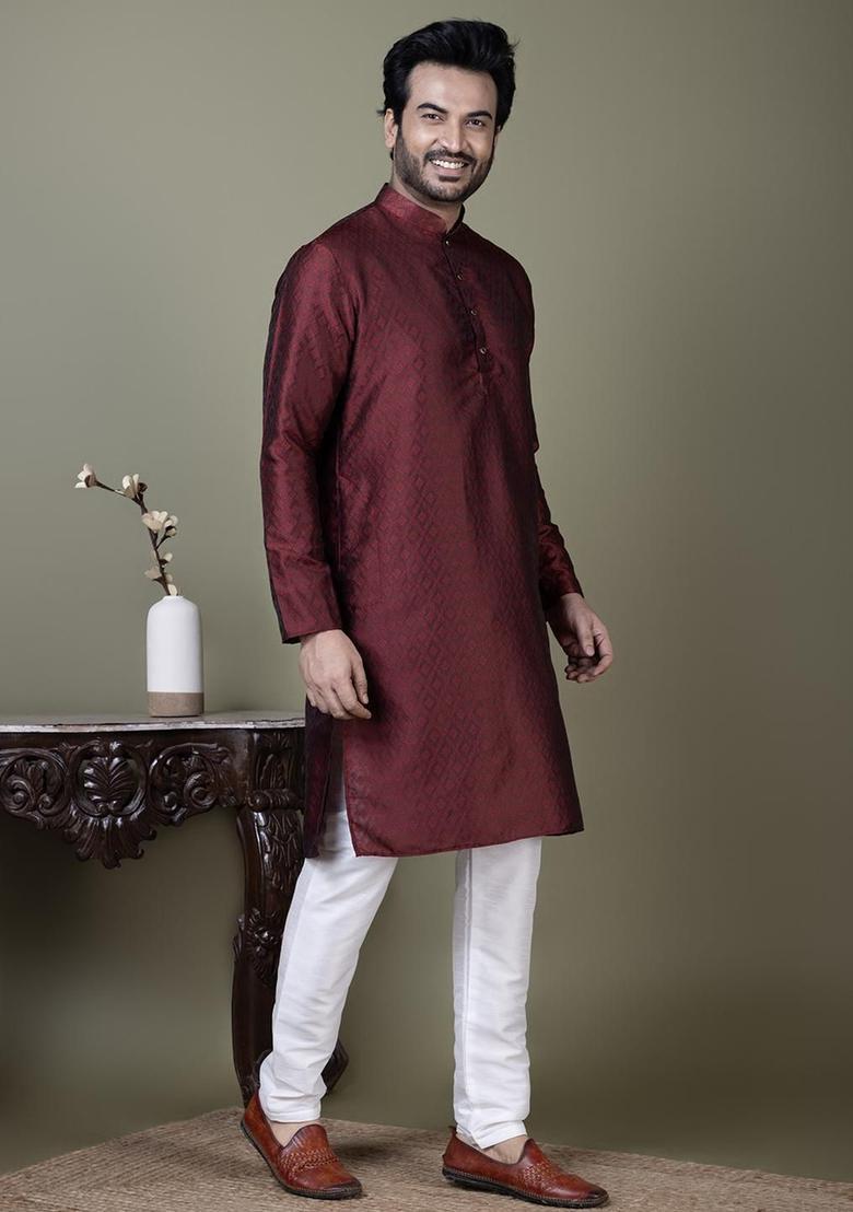 Maroon Self Design Silk Kurta Set For Men - Indya