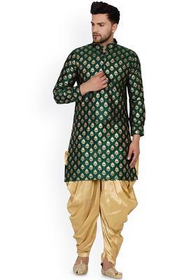 Green Woven Design Silk Kurta Set For Men
