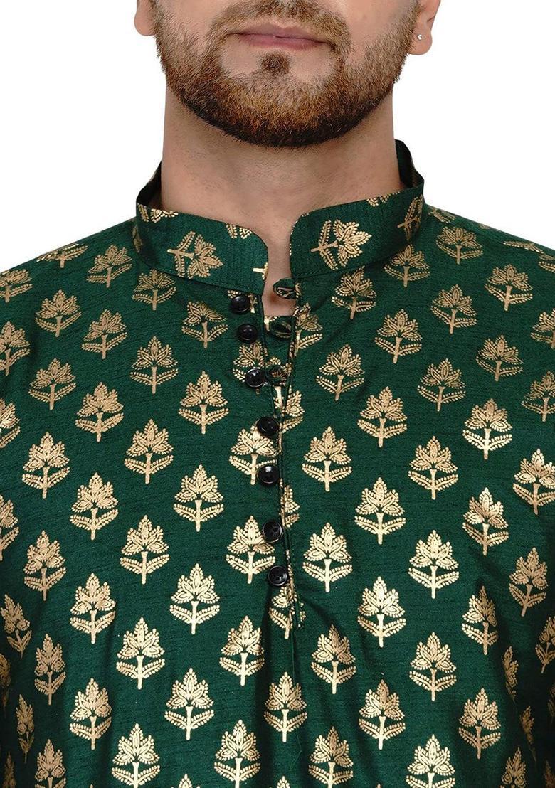 Green Woven Design Silk Kurta Set For Men - Indya