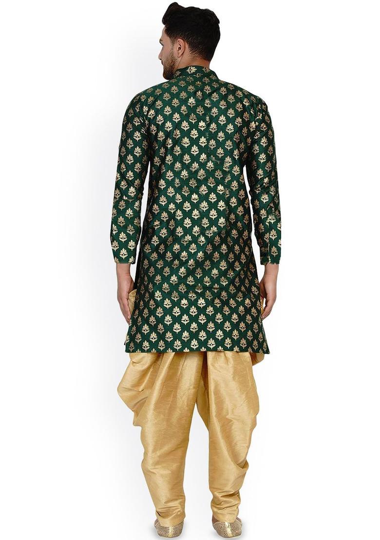 Green Woven Design Silk Kurta Set For Men - Indya