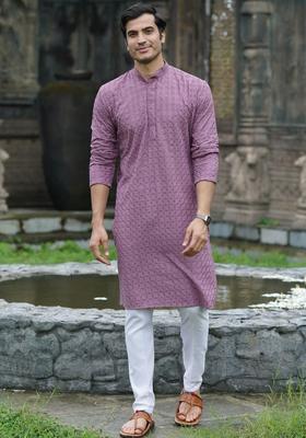 Purple Embroidered Cotton Kurta Set For Men