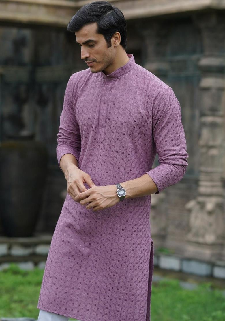 Purple Embroidered Cotton Kurta Set For Men - Indya