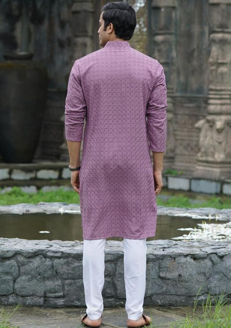 Purple Embroidered Cotton Kurta Set For Men - Indya