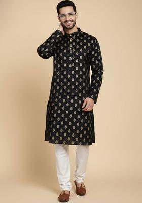 Black Printed Viscose Kurta Set For Men