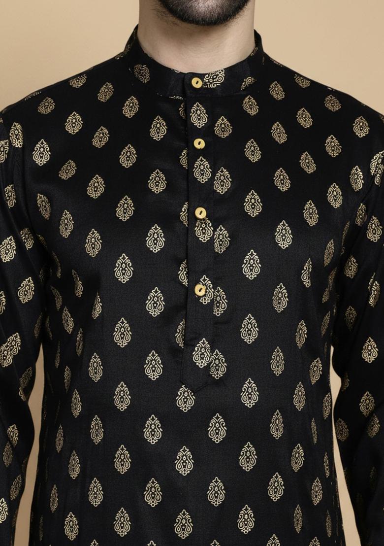 Black Printed Viscose Kurta Set For Men - Indya