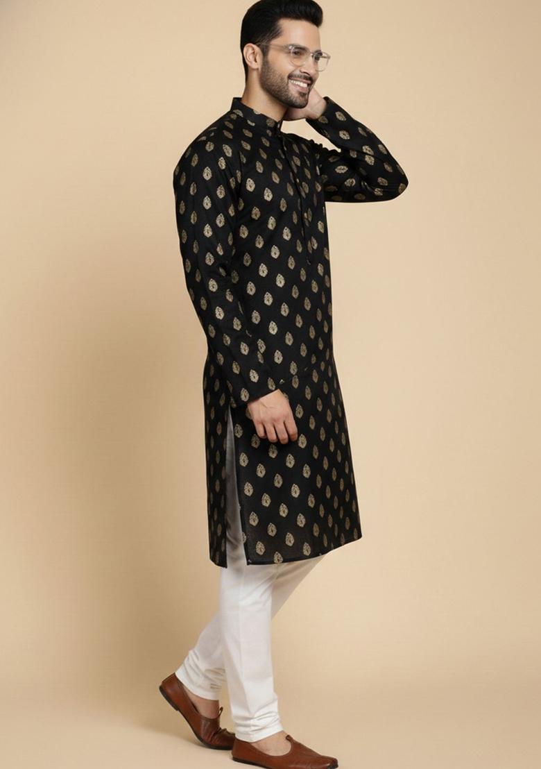 Black Printed Viscose Kurta Set For Men - Indya