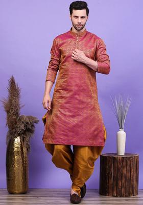 Purple Woven Design Cotton Kurta Set For Men