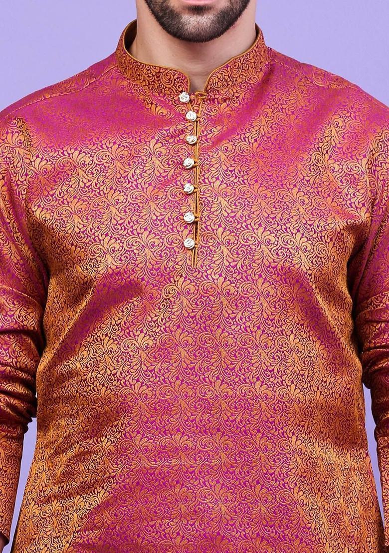 Purple Woven Design Cotton Kurta Set For Men - Indya
