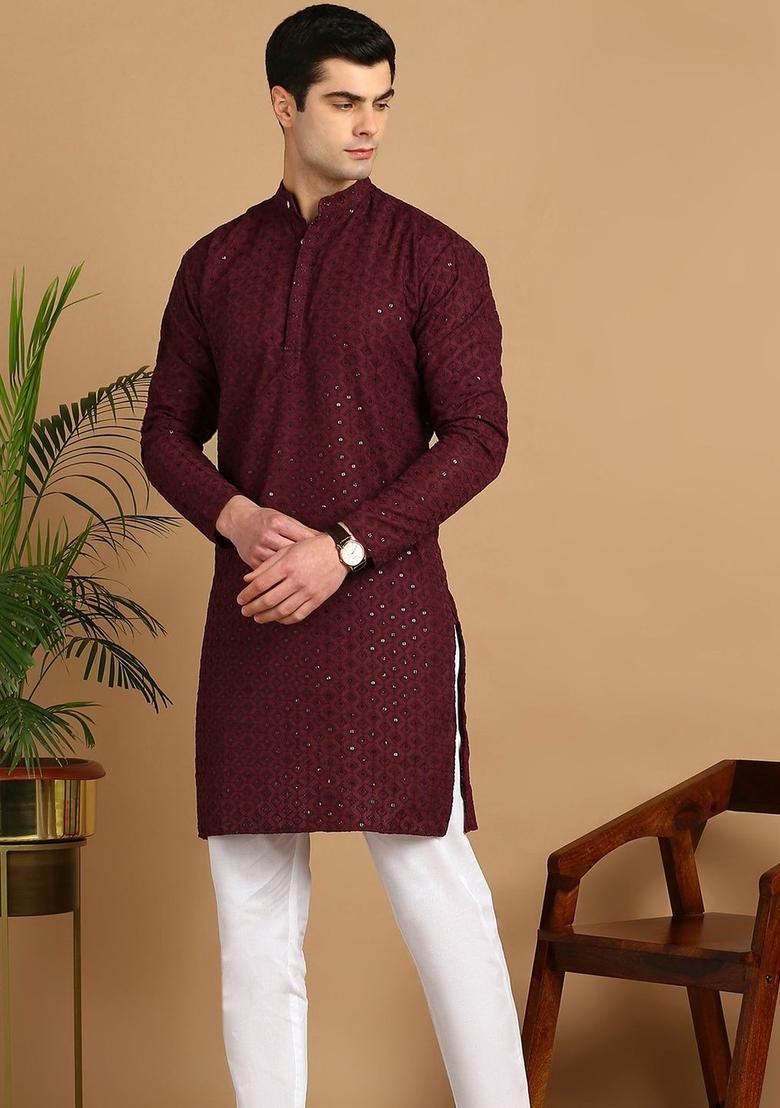Maroon Embroidered Viscose Kurta Set For Men - Indya