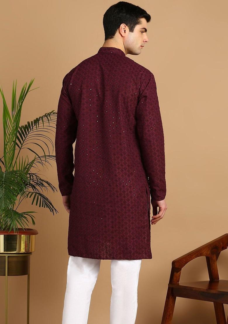 Maroon Embroidered Viscose Kurta Set For Men - Indya