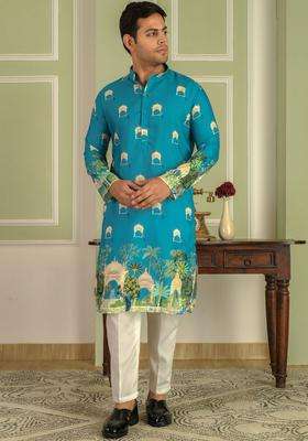 Blue Printed Viscose Kurta Set For Men