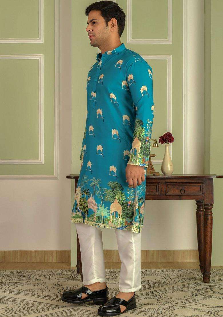 Blue Printed Viscose Kurta Set For Men - Indya