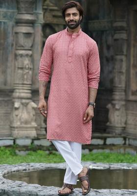 Pink Embroidered Cotton Kurta Set For Men