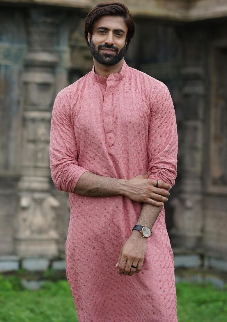 Pink Embroidered Cotton Kurta Set For Men - Indya