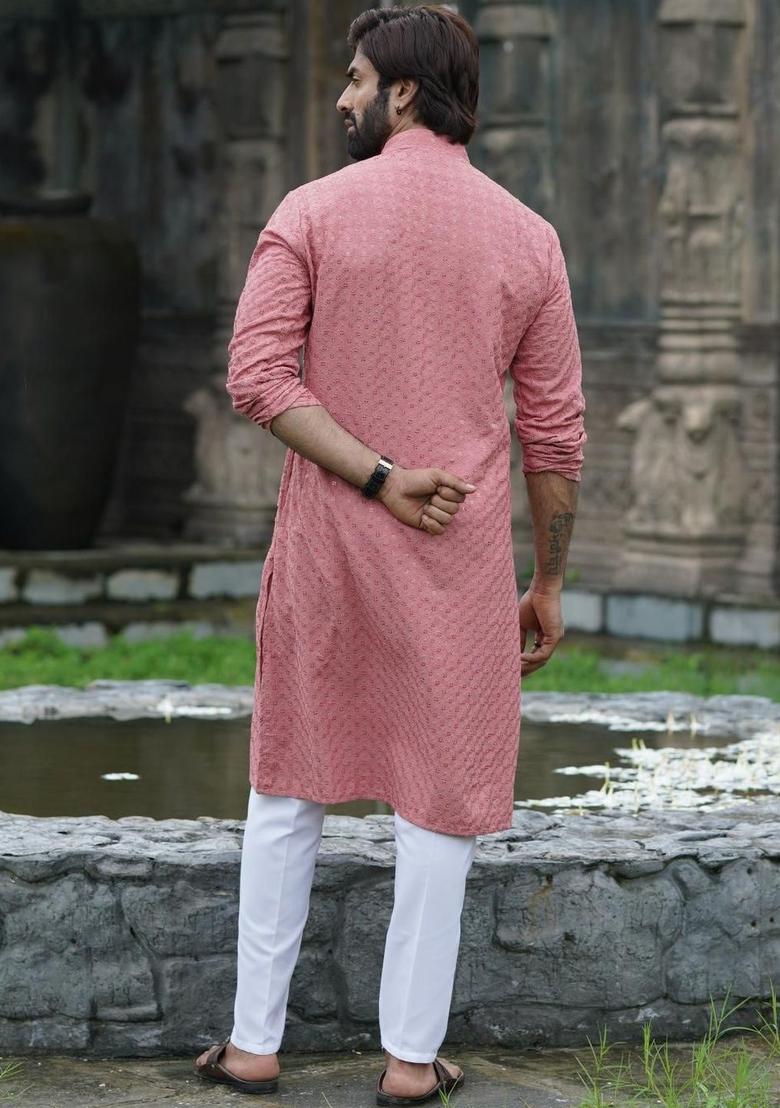 Pink Embroidered Cotton Kurta Set For Men - Indya
