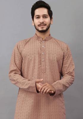 Brown Self Design Viscose Kurta Set For Men