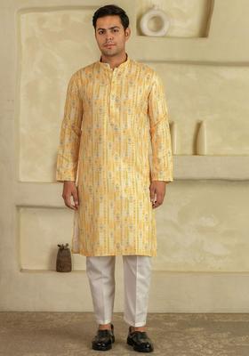 Yellow Printed Viscose Kurta Set For Men