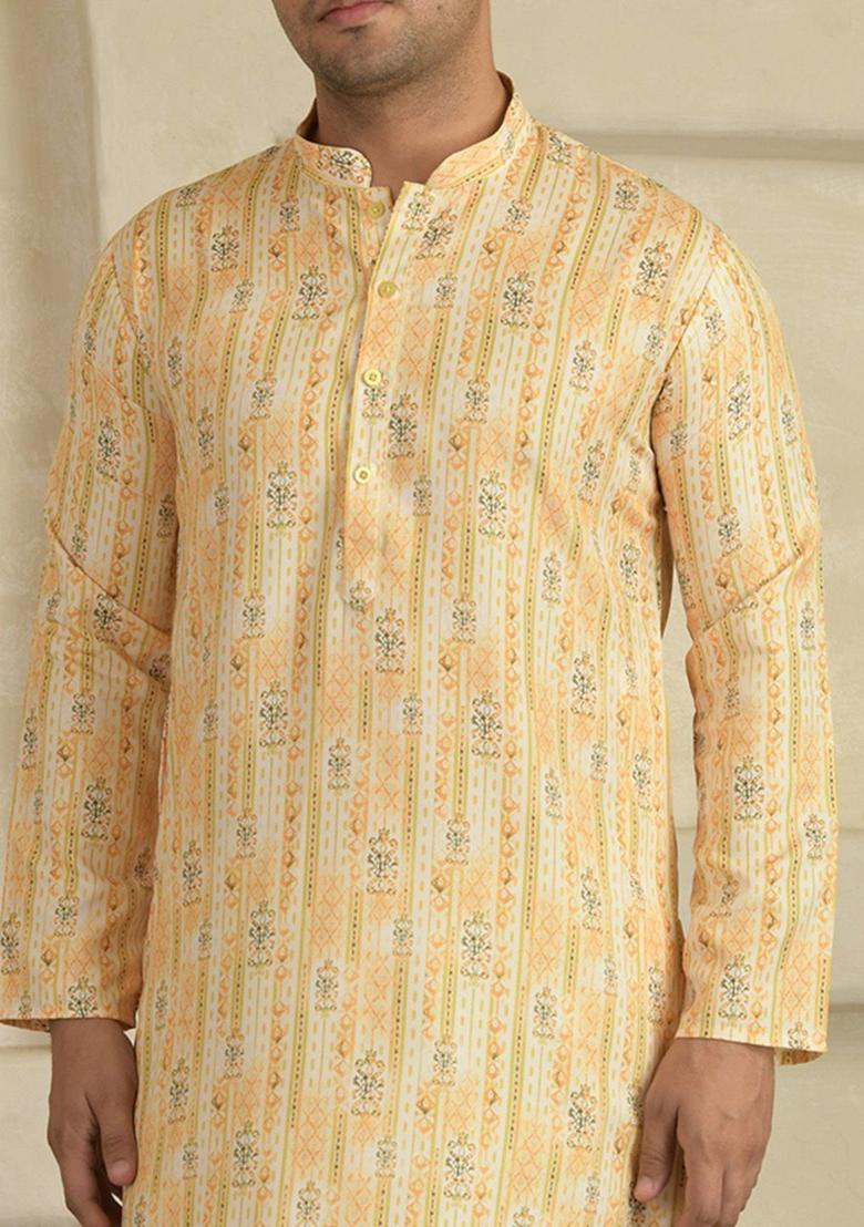 Yellow Printed Viscose Kurta Set For Men - Indya