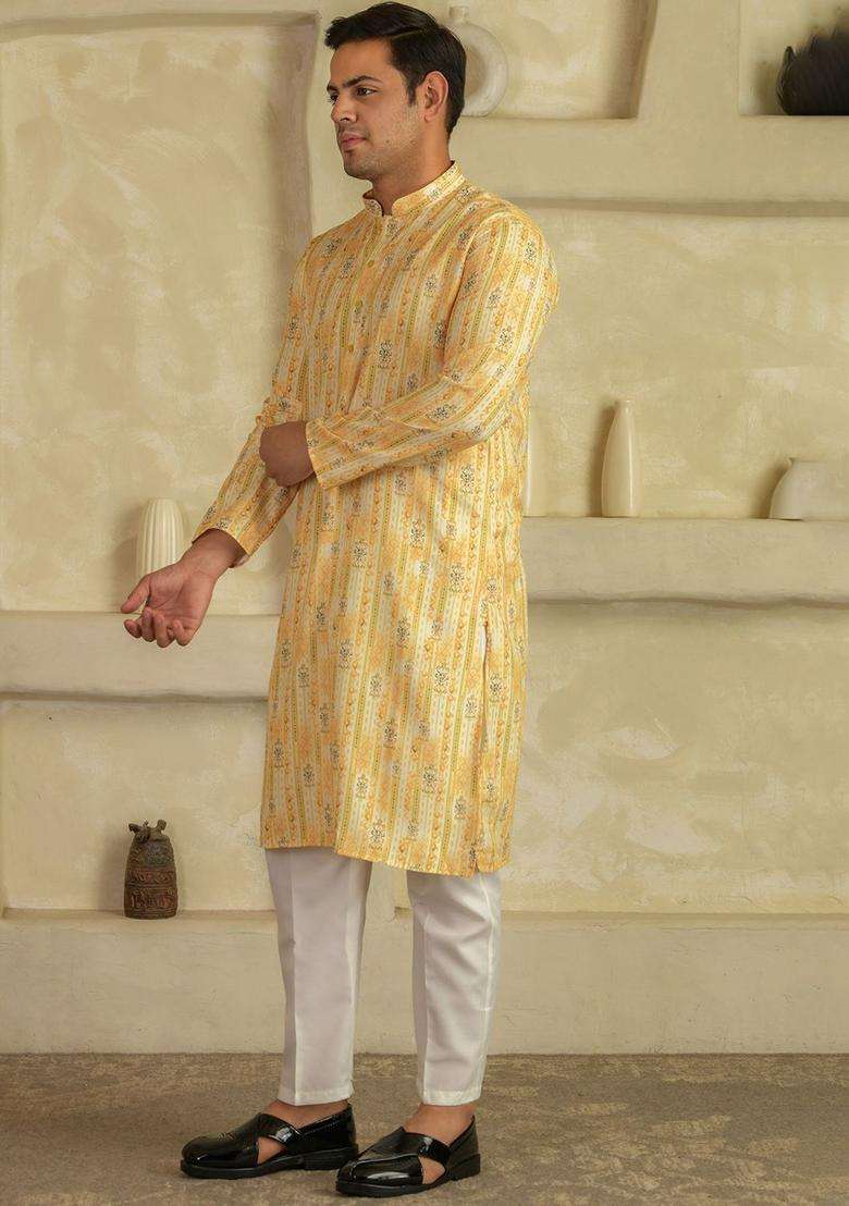 Yellow Printed Viscose Kurta Set For Men - Indya