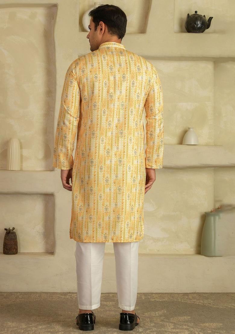Yellow Printed Viscose Kurta Set For Men - Indya