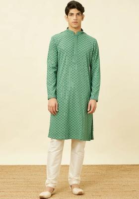 Sea Green Embroidered Viscose Kurta Set For Men
